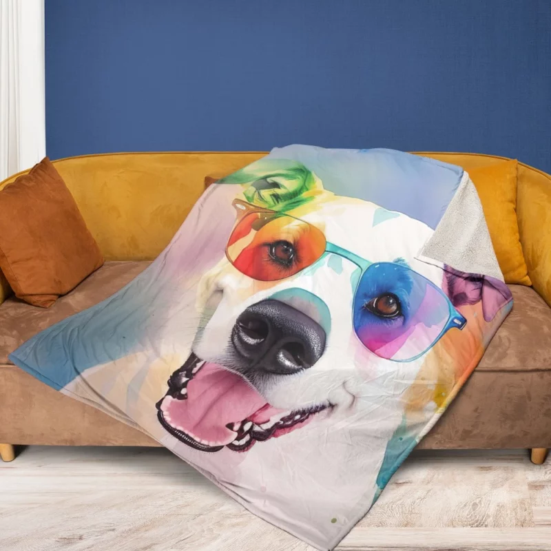 Rainbow Sunglasses Dog Watercolor Print Fleece Blanket 1