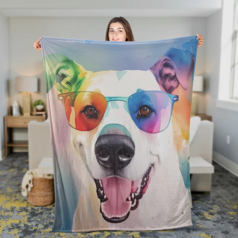 Rainbow Sunglasses Dog Watercolor Print Fleece Blanket 2