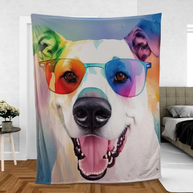 Rainbow Sunglasses Dog Watercolor Print Fleece Blanket