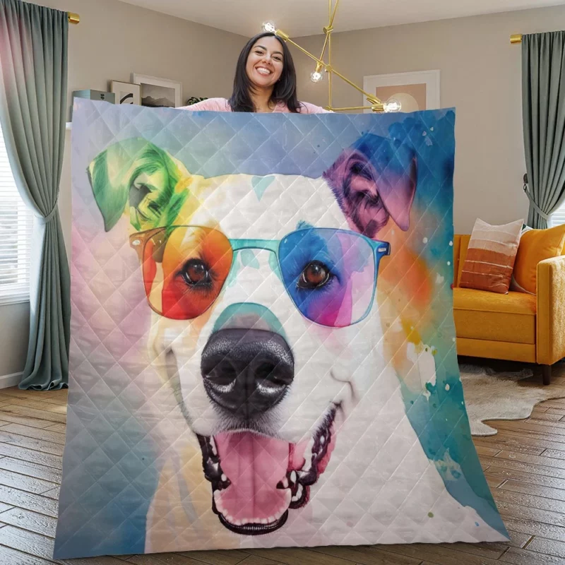 Rainbow Sunglasses Dog Watercolor Print Quilt Blanket