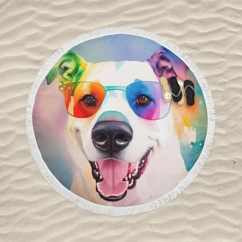 Rainbow Sunglasses Dog Watercolor Print Round Beach Towel