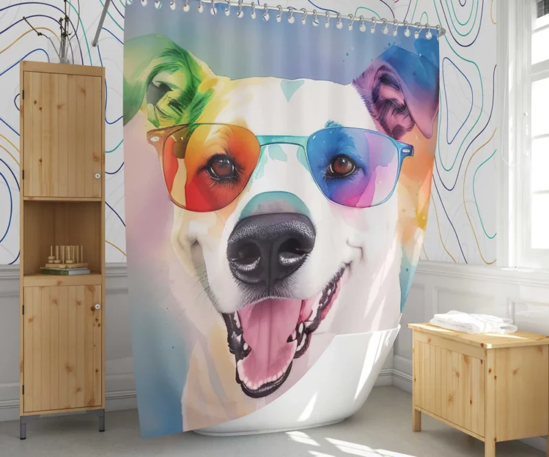 Rainbow Sunglasses Dog Watercolor Print Shower Curtain 1