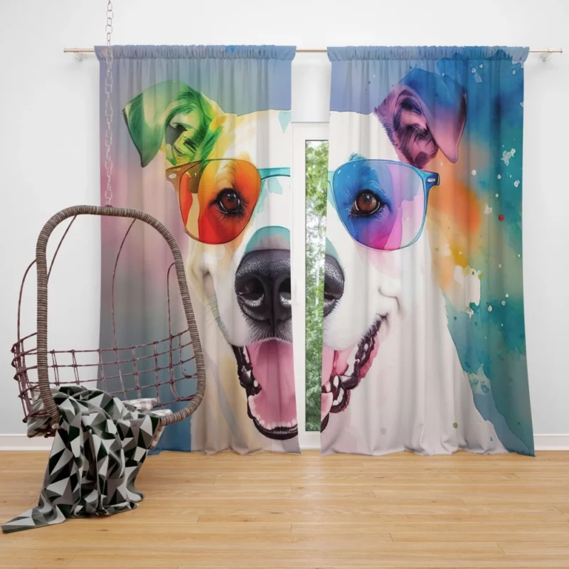 Rainbow Sunglasses Dog Watercolor Print Window Curtain