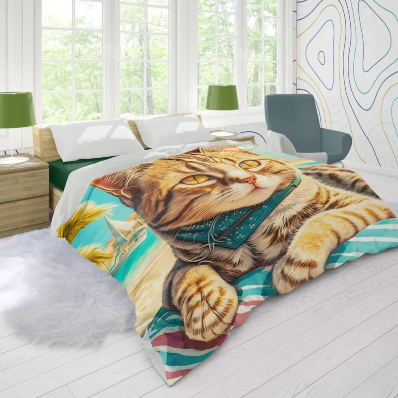 Realistic Cat Sketch on Vacation Duvet Cover