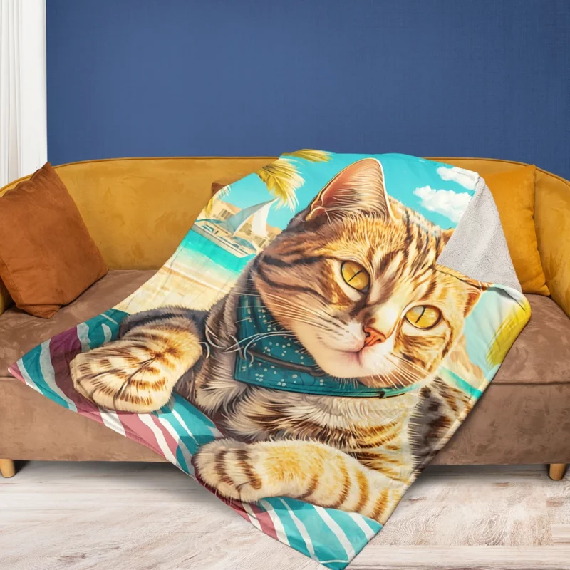 Realistic Cat Sketch on Vacation Fleece Blanket 1
