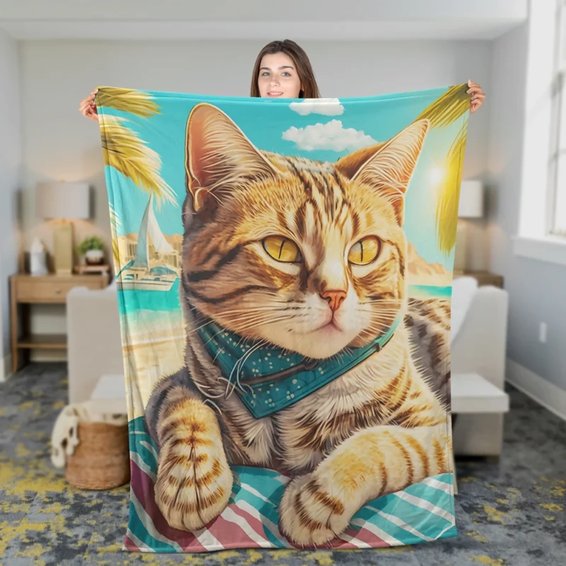 Realistic Cat Sketch on Vacation Fleece Blanket 2