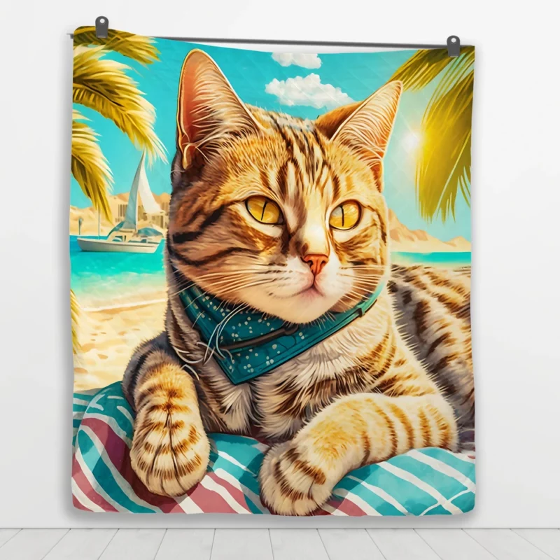 Realistic Cat Sketch on Vacation Quilt Blanket 1