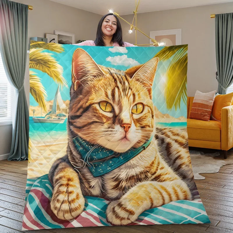 Realistic Cat Sketch on Vacation Quilt Blanket