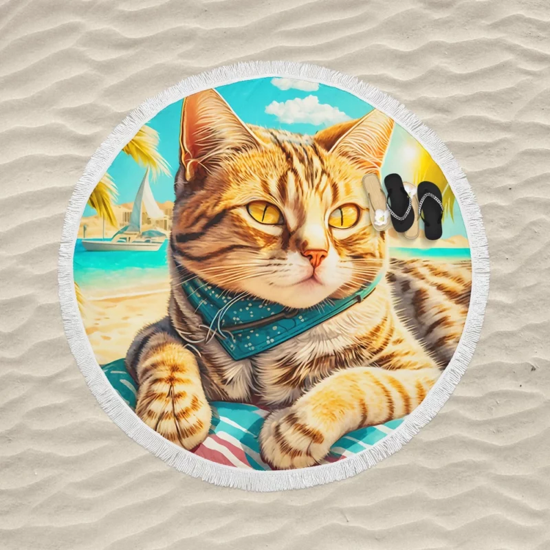 Realistic Cat Sketch on Vacation Round Beach Towel