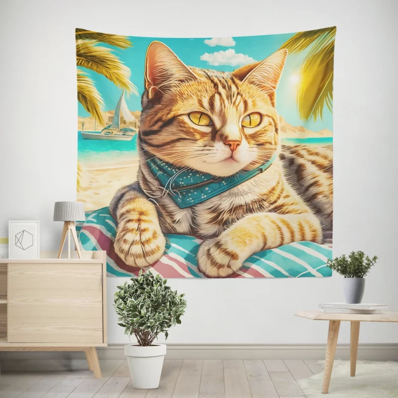 Realistic Cat Sketch on Vacation Wall Tapestry