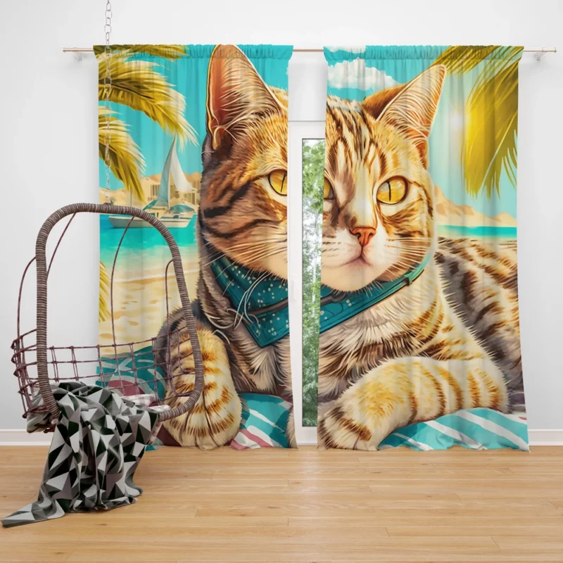 Realistic Cat Sketch on Vacation Window Curtain