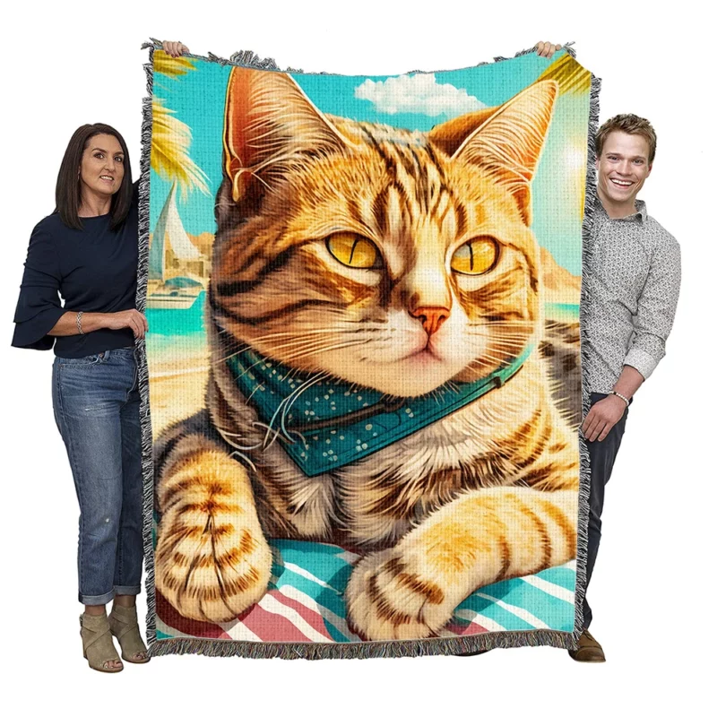 Realistic Cat Sketch on Vacation Woven Blanket