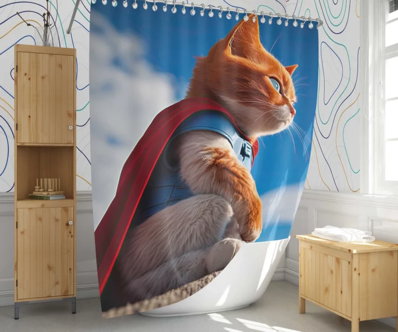 Red-Capped Kitten Superhero Shower Curtain 1