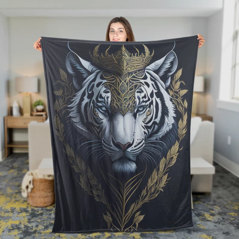 Regal White Tiger with Golden Crown Fleece Blanket 2