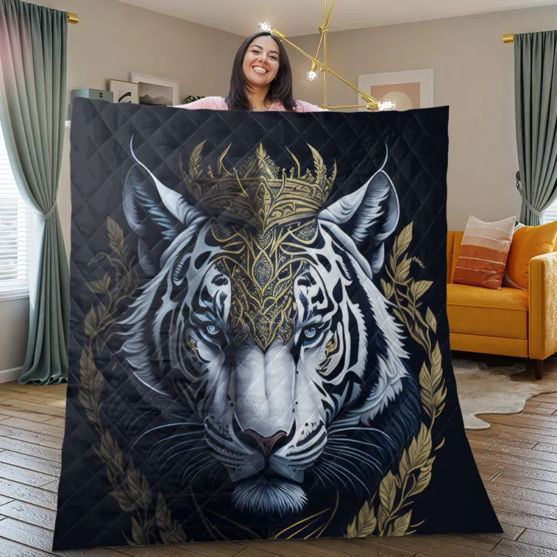 Regal White Tiger with Golden Crown Quilt Blanket