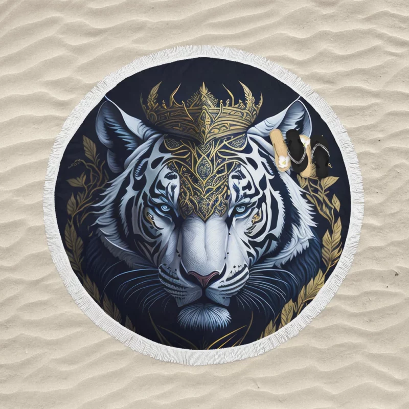 Regal White Tiger with Golden Crown Round Beach Towel