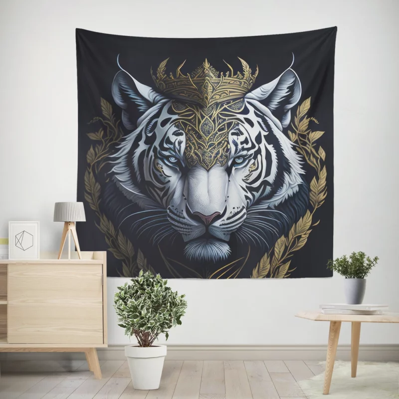 Regal White Tiger with Golden Crown Wall Tapestry