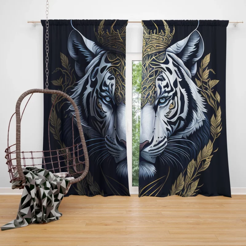 Regal White Tiger with Golden Crown Window Curtain