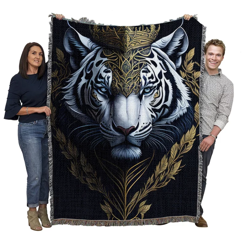 Regal White Tiger with Golden Crown Woven Blanket
