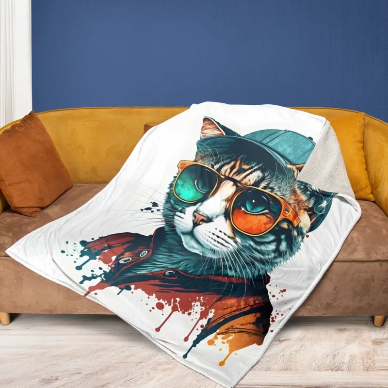 Retro Pop Art Cat Painting Fleece Blanket 1