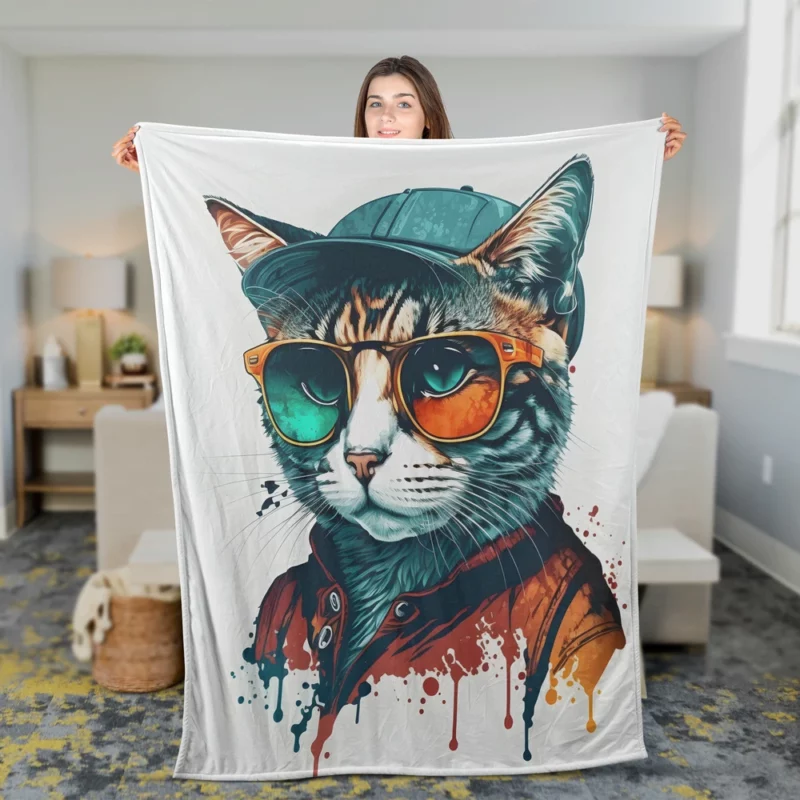 Retro Pop Art Cat Painting Fleece Blanket 2