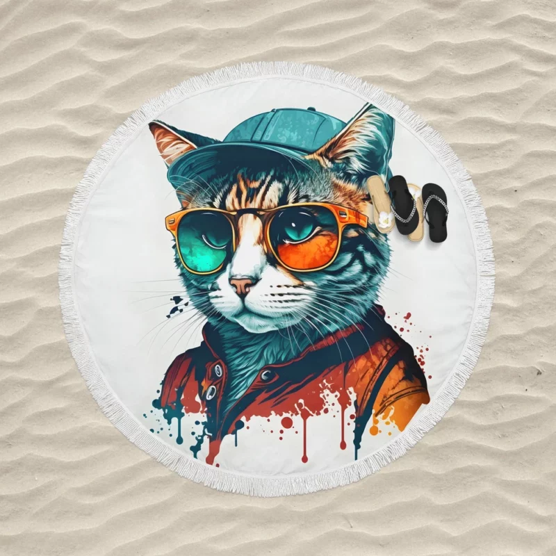 Retro Pop Art Cat Painting Round Beach Towel