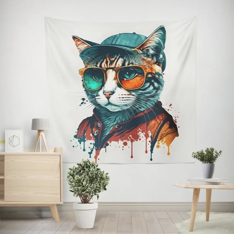 Retro Pop Art Cat Painting Wall Tapestry