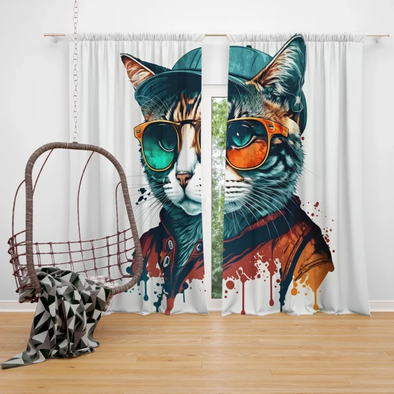 Retro Pop Art Cat Painting Window Curtain