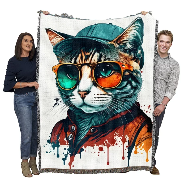 Retro Pop Art Cat Painting Woven Blanket