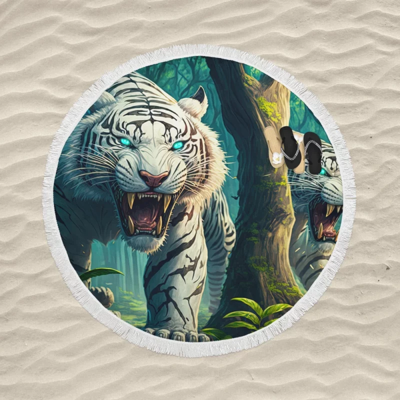 Roar of White Tigers in the Woods Round Beach Towel
