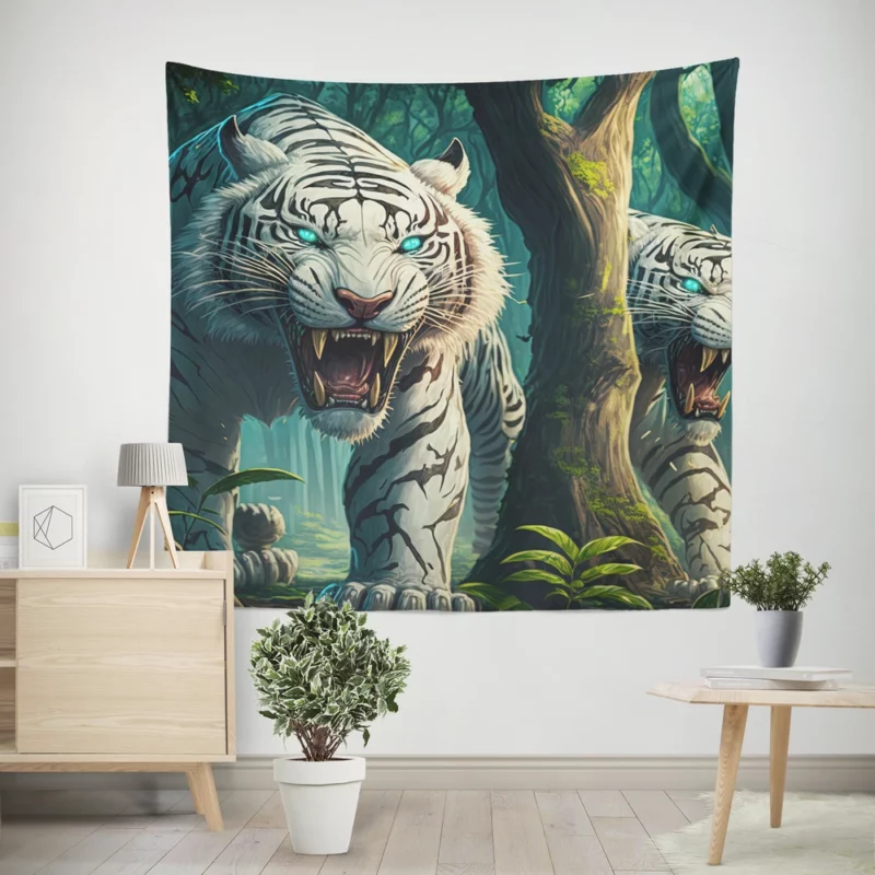 Roar of White Tigers in the Woods Wall Tapestry