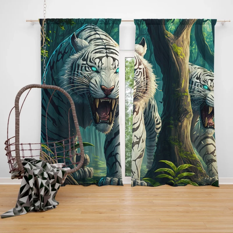 Roar of White Tigers in the Woods Window Curtain