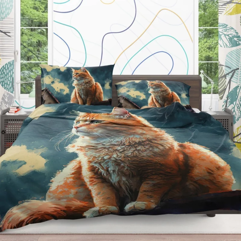 Rooftop Cat in Digital Watercolor Bedding Set