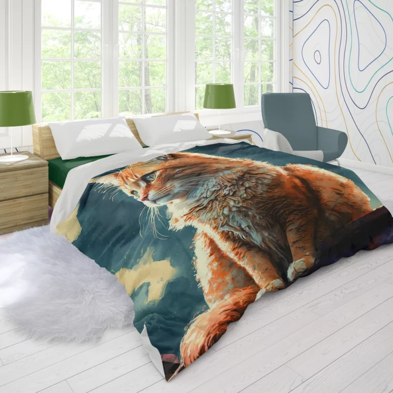 Rooftop Cat in Digital Watercolor Duvet Cover