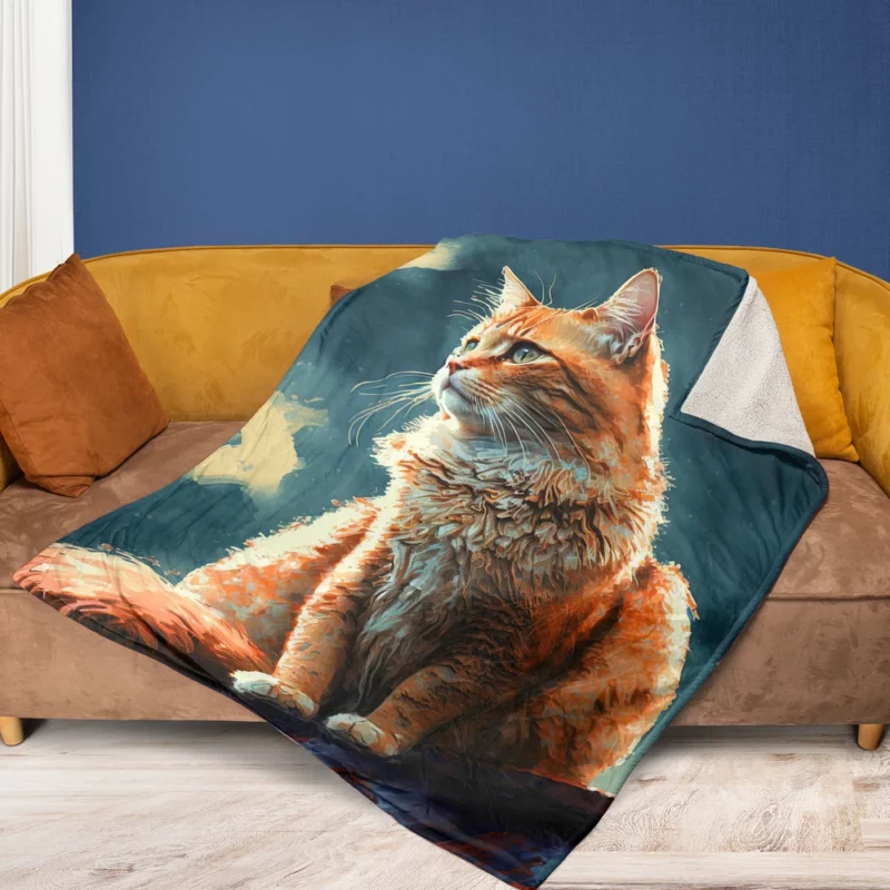 Rooftop Cat in Digital Watercolor Fleece Blanket 1