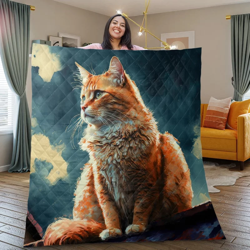 Rooftop Cat in Digital Watercolor Quilt Blanket