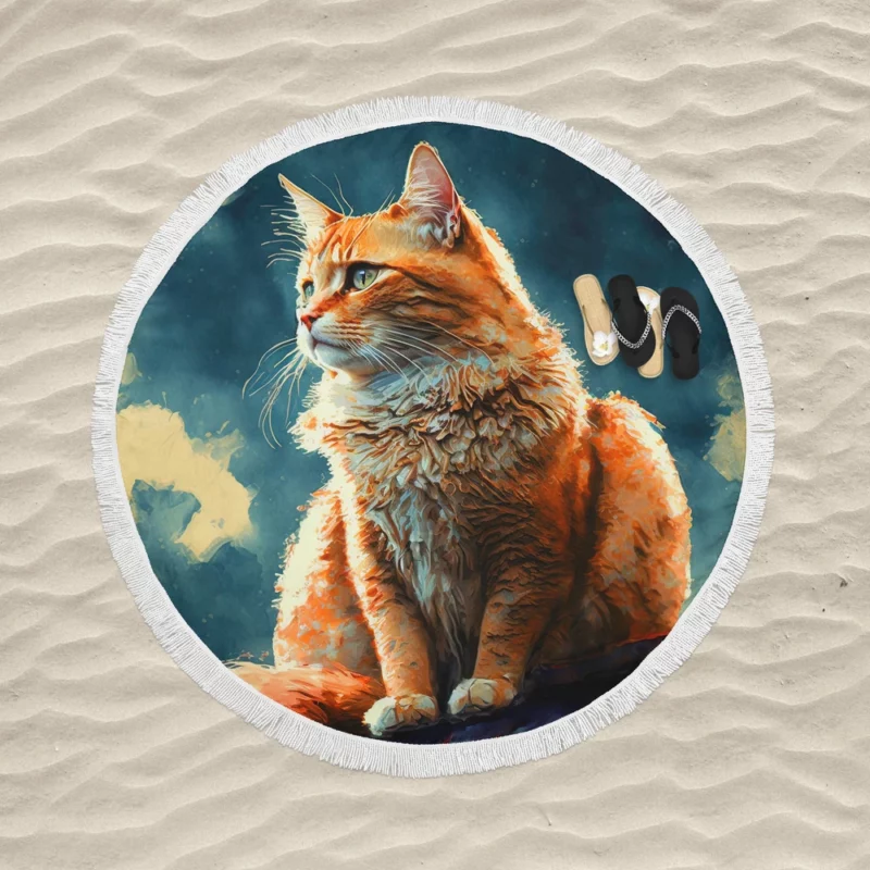 Rooftop Cat in Digital Watercolor Round Beach Towel