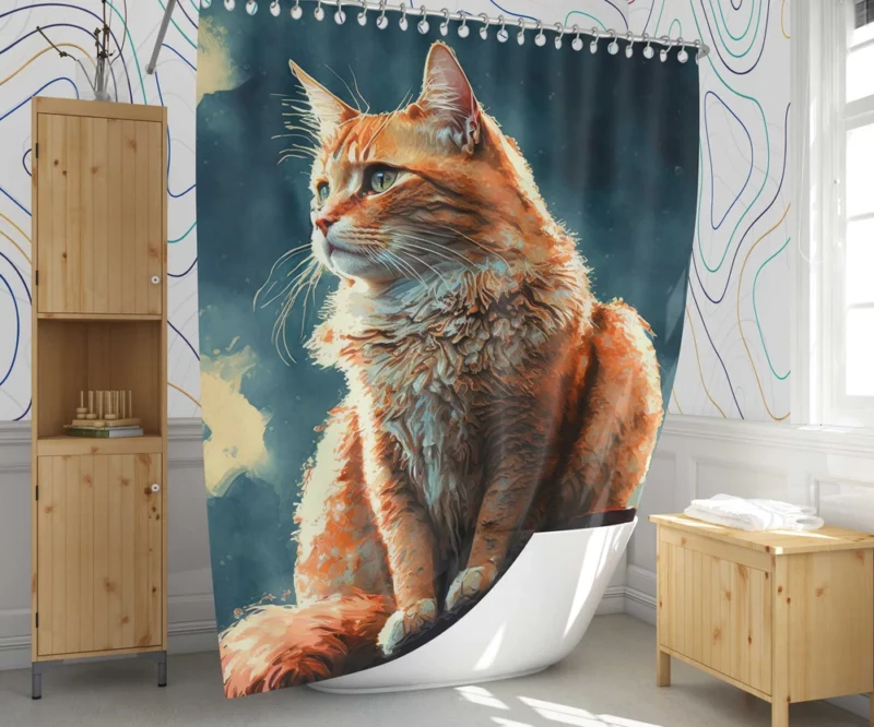 Rooftop Cat in Digital Watercolor Shower Curtain 1