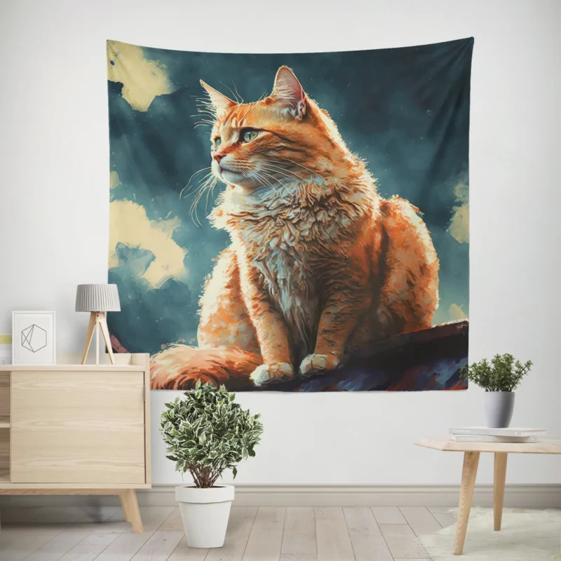 Rooftop Cat in Digital Watercolor Wall Tapestry