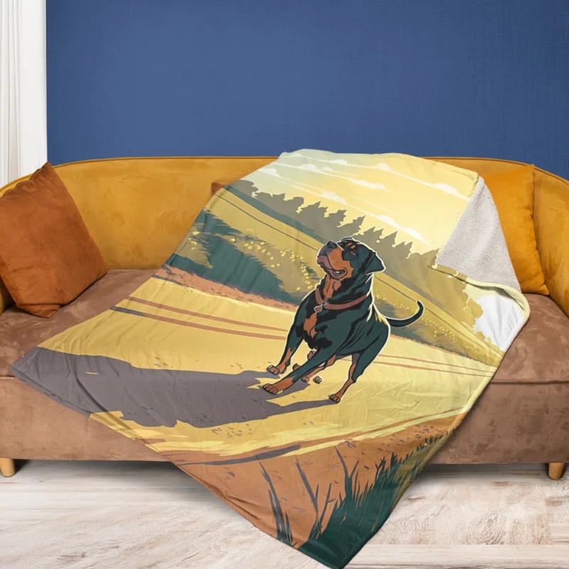 Rottweiler Jogging Along Rural Road Print Fleece Blanket 1