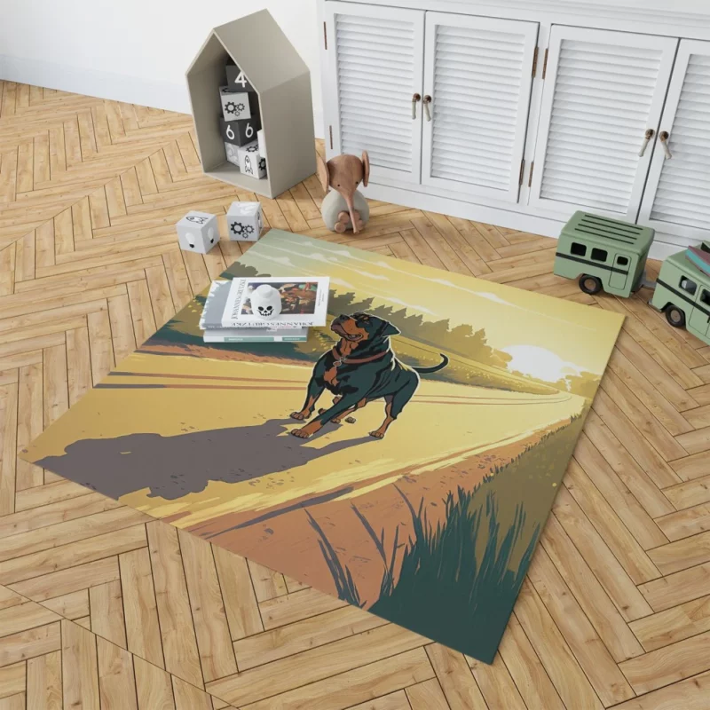 Rottweiler Jogging Along Rural Road Print Rug 1