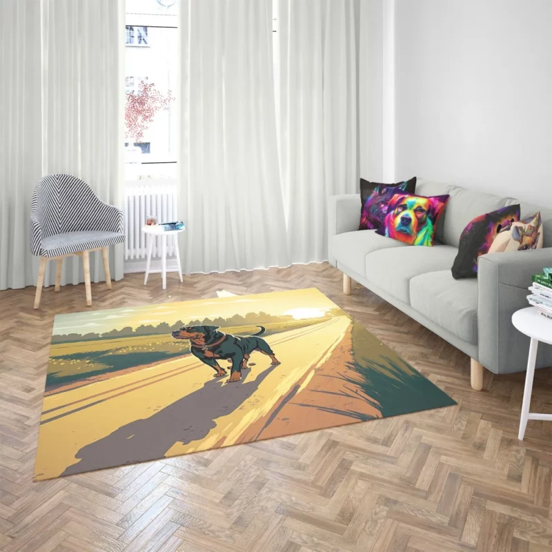 Rottweiler Jogging Along Rural Road Print Rug 2