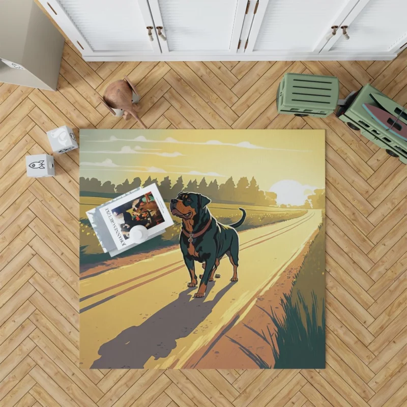 Rottweiler Jogging Along Rural Road Print Rug