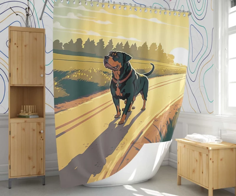 Rottweiler Jogging Along Rural Road Print Shower Curtain 1