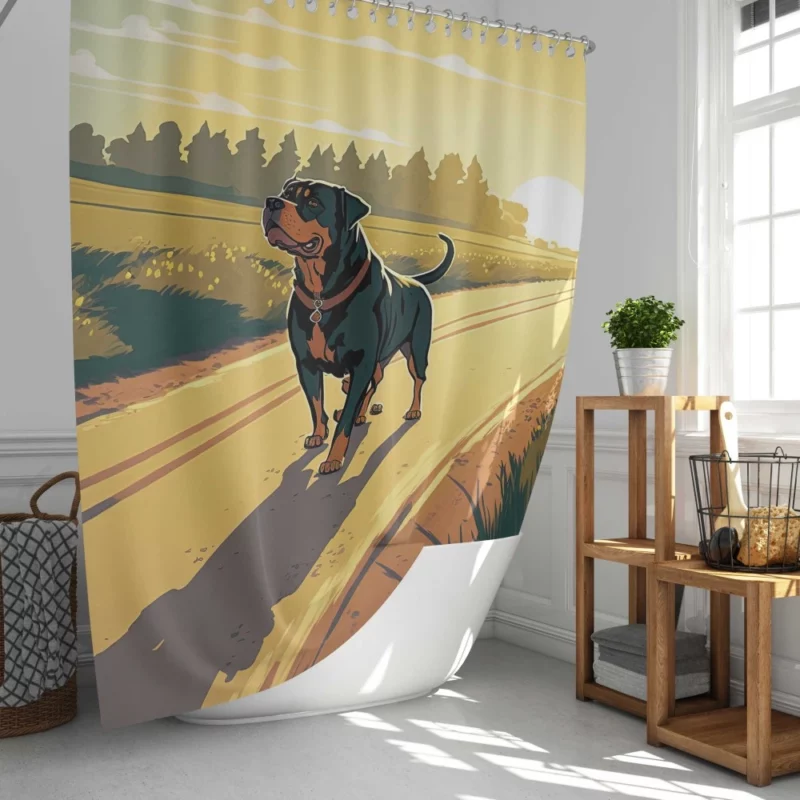 Rottweiler Jogging Along Rural Road Print Shower Curtain