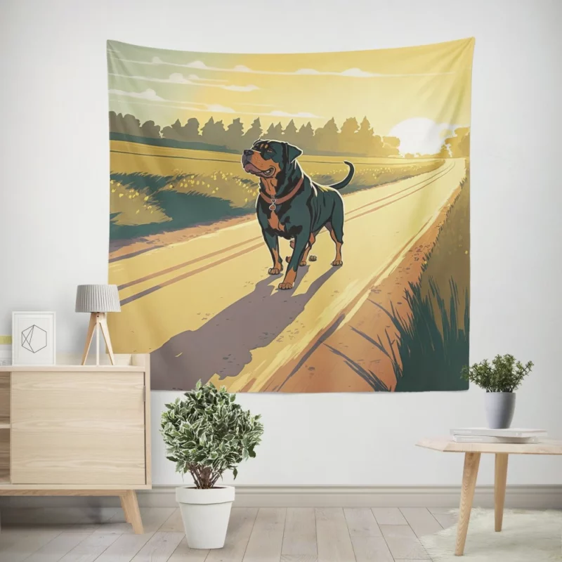 Rottweiler Jogging Along Rural Road Print Wall Tapestry