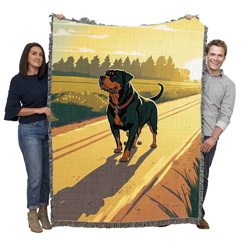 Rottweiler Jogging Along Rural Road Print Woven Blanket