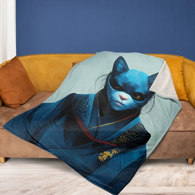 Samurai Cat Warrior Portrait Fleece Blanket 1