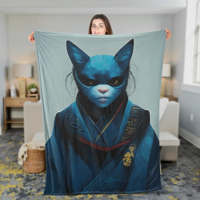 Samurai Cat Warrior Portrait Fleece Blanket 2