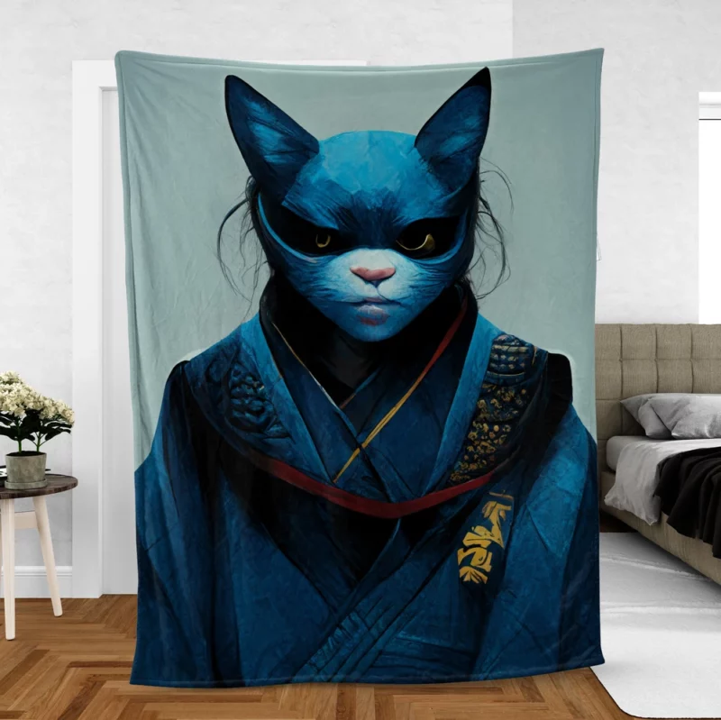 Samurai Cat Warrior Portrait Fleece Blanket